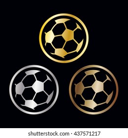 Three winners awards for the soccer or football championships with outlined balls in gold, silver and bronze for first second and third placements, vector illustration