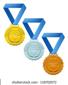 Three winners medals, bronze silver and gold, with laurel wreaths and space for your text