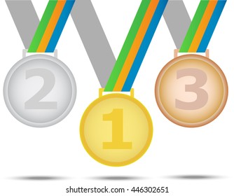 Three winners medals -from gold silver and bronze. Illustration isolated on white background.