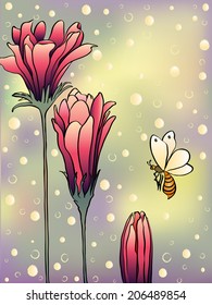 three winter flowers and bee.