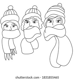 Three winter girls coloring page, head in a warm hat and a cozy scarf, outline vector illustration for design and creativity