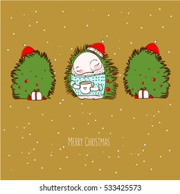 three winter hedgehog for postcards and T-shirts