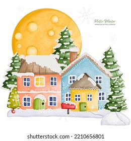 Three Winter house and Full Moon, Watercolor Vector illustration
