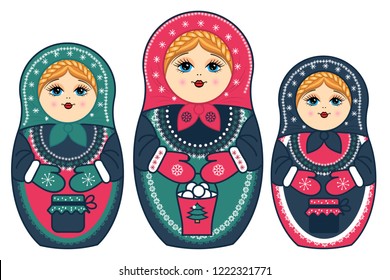 three winter nesting dolls with a bucket and jars of jam