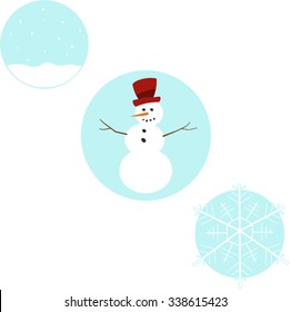 Three winter scenes in circles with snow falling, snowflake and a snowman