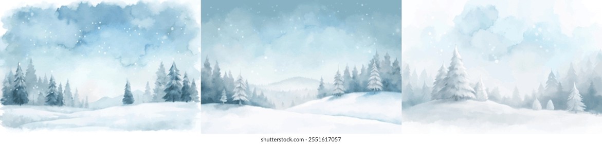 Three winter scenes with snow and trees. The first scene has a blue sky and snow falling