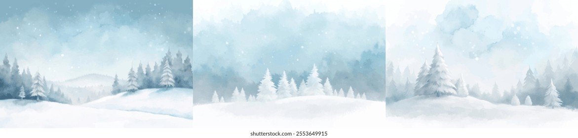 Three winter scenes with snow and trees. The first scene has a snowy field with trees in the background