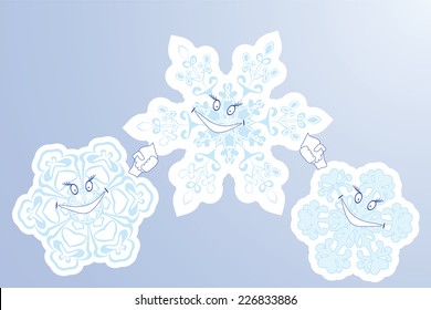 three winter  snowflake smile on blue background