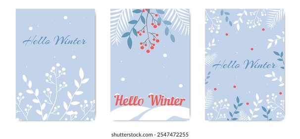 Three winter themed cards with light blue backgrounds, white botanical illustrations, red berries, and the phrase Hello Winter in elegant fonts.