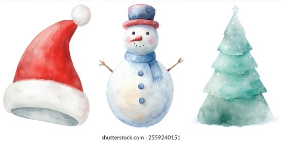 Three winter themed images: a snowman, a Christmas tree, and a red hat. The snowman is wearing a red hat and a blue scarf, while the tree is green and the hat is red