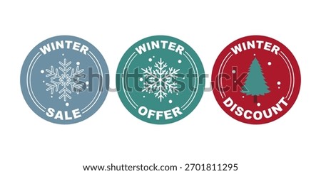 Three winter themed sale offer and discount badges with snowflakes and tree icons on white