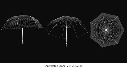 Três guarda-chuvas wireframe dispostos em uma formação triangular em um fundo preto, apresentando intrincados padrões geométricos. O maior guarda-chuva é centralizado, ladeado por dois menores