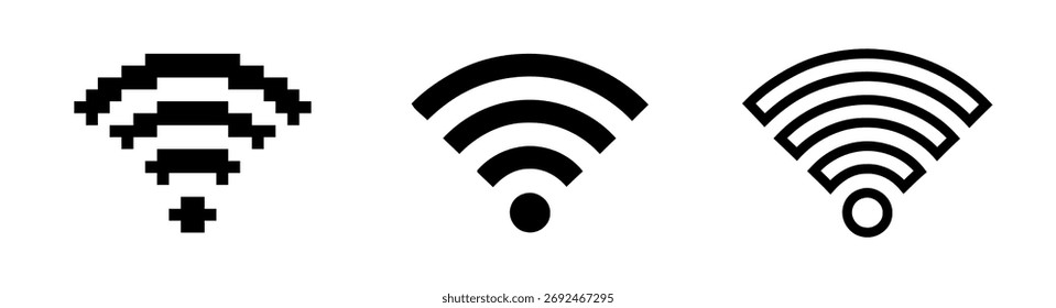 Três ícones de rede sem fio mostrando a evolução em estilo, de pixelados a lineares