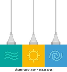 Three wires with plugs are getting energy by renewable sources. Conversion of water, solar and wind energy to electricity. Green energy concept