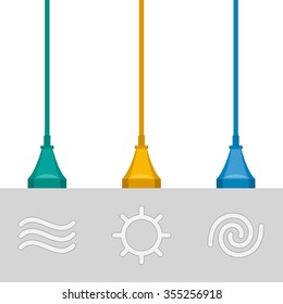 Three wires with plugs are getting energy by renewable sources. Conversion of water, solar and wind energy to electricity. Green energy concept