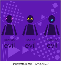 Three wisdom men - vector illustration for cards, posters, prints and banners. See no evil, hear no evil, speak no evil. Dark purple collage on pattern background.