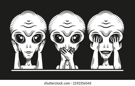 Three Wise Aliens. Hear No Evil, See No Evil, Speak No Evil. Vector  Illustration.