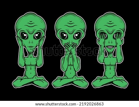 Three Wise Aliens. Hear No Evil, See No Evil, Speak No Evil. Vector  Illustration.