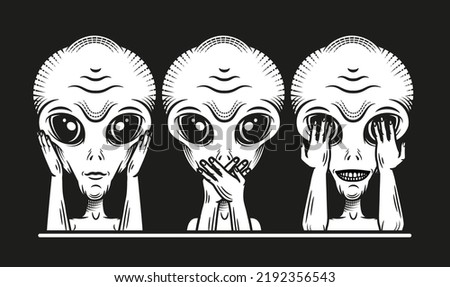 Three Wise Aliens. Hear No Evil, See No Evil, Speak No Evil. Vector  Illustration.
