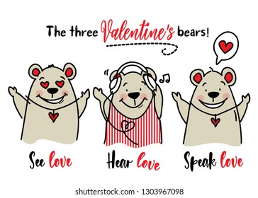 Three wise bears for valentines day vector stock / See love, hear love and speak love creative concept for greeting cards