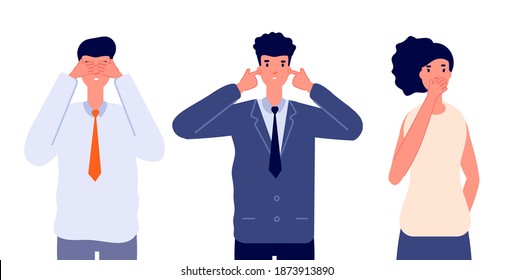 Three wise characters. Ignore or avoid, business people see no evil hear no evil and speak no evil. Emotional person utter vector characters