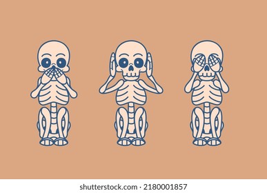 Three wise cute skeletons illustration. Not see, not hear, not speak evil. Three wise cute series. 