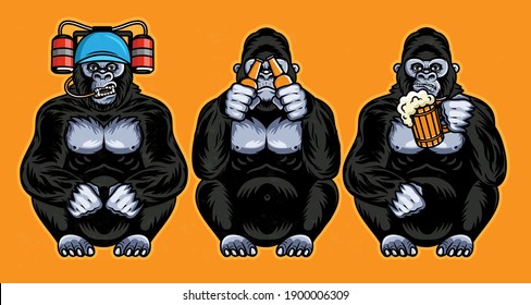 
Three Wise Gorillas With Beer. Vector Illustration.