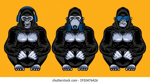 Three wise gorillas with respirator, glasses, headphones. Also called the Three Mystic Apes. Sees no evil, hears no evil, speaks no evil. 