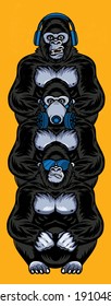 Three wise gorillas with respirator, glasses, headphones. Also called the Three Mystic Apes. Sees no evil, hears no evil, speaks no evil. 