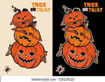 Three Wise Halloween Pumpkins.Sees no evil, Hears no evil, Speaks no evil. Vector Illustrations.