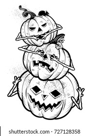 Three Wise Halloween Pumpkins.Sees no evil, Hears no evil, Speaks no evil. Vector Illustrations.