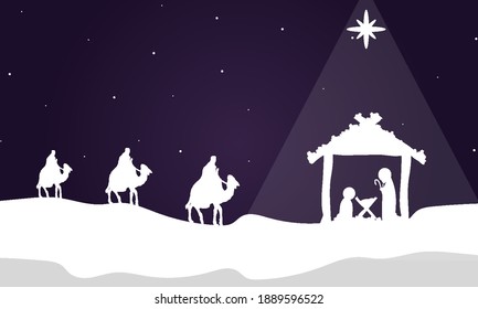 Three wise kings bring gifts to christ, vector art illustration.