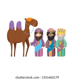 three wise kings and camel manger nativity, merry christmas vector illustration