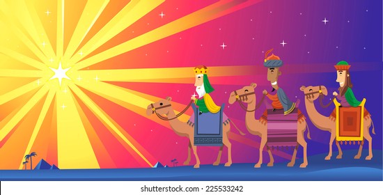 Three Wise kings following the Star of Bethlehem vector cartoon illustration