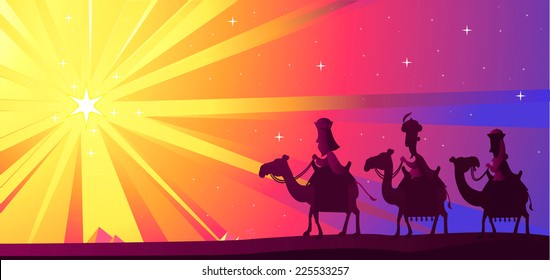 Three Wise kings following the Star of Bethlehem vector cartoon illustration