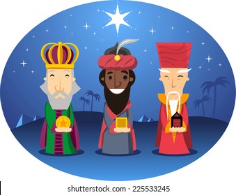 Three Wise kings looking for jesus vector cartoon illustration