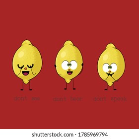 Three wise lemon. Don`t see, don`t hear, dont speak. Cute illustration with 3 funny exotic fruit characters 