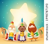 Three wise man with gifts and star shape lights - celebration Epiphany - desert night landscape. Translation: "Happy Three Kings Day"