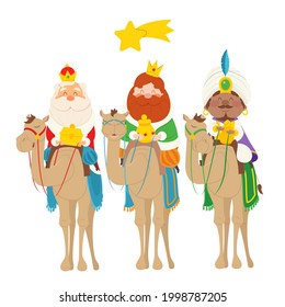 Three wise man on camels bring gifts - celebration Epiphany vector illustration cartoon style. Translation: "Happy Three Kings Day"
