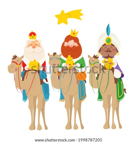 Three wise man on camels bring gifts - celebration Epiphany vector illustration cartoon style. Translation: "Happy Three Kings Day"