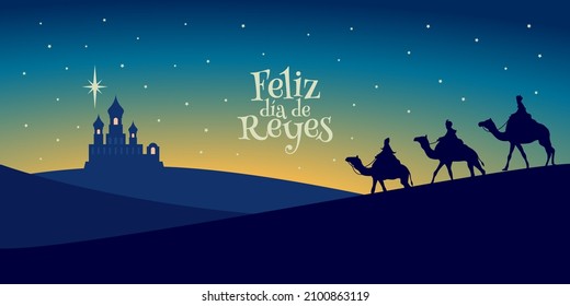 The three wise men arriving at Bethlehem. Three Kings Day.