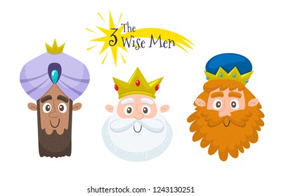 Three wise men avatar set. Three cute icons in cartoon style. Melchior, Gaspard and Balthazar characters. Vector illustration.