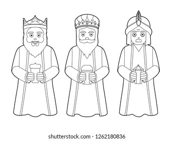 Three Wise Men Black and White Cartoon Characters Illustration