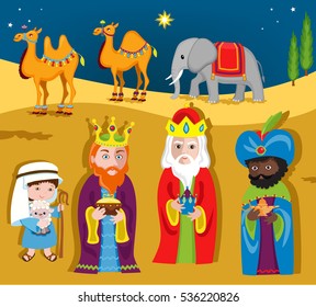 Three Wise Men bring gifts to Jesus on Christmas. Vector illustration isolated on white background.