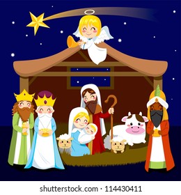 Three wise men bring presents to Jesus in Christmas Nativity Scene