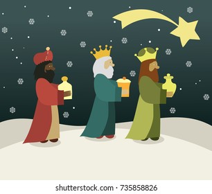 Three wise men bring presents to Jesus