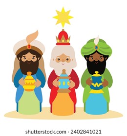 Three wise men bringing gifts to Jesus vector cartoon illustration