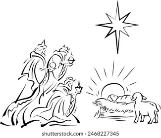 Three wise men bringing gifts to baby Jesus