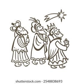 Tres hombres sabios llevando regalos al niño Jesús, tres reyes a Belén.