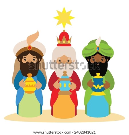 Three wise men bringing gifts to Jesus vector cartoon illustration